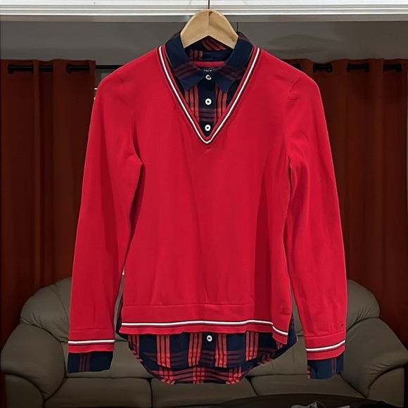Tommy Hilfiger Windowpane Twofer Sweater Scarlet Multi Size XS - Picture 1 of 6